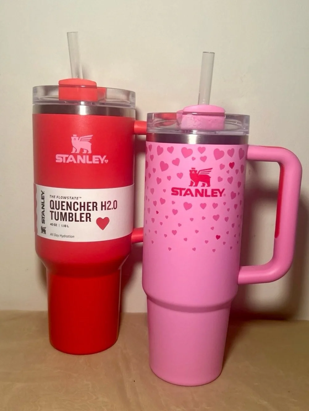 Stanley 40oz red and 30oz pink heart stainless steel tumblrs